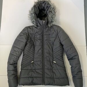 Grey Medium Winter Jacket Coat with Attached Cozy Hood Pink Interior